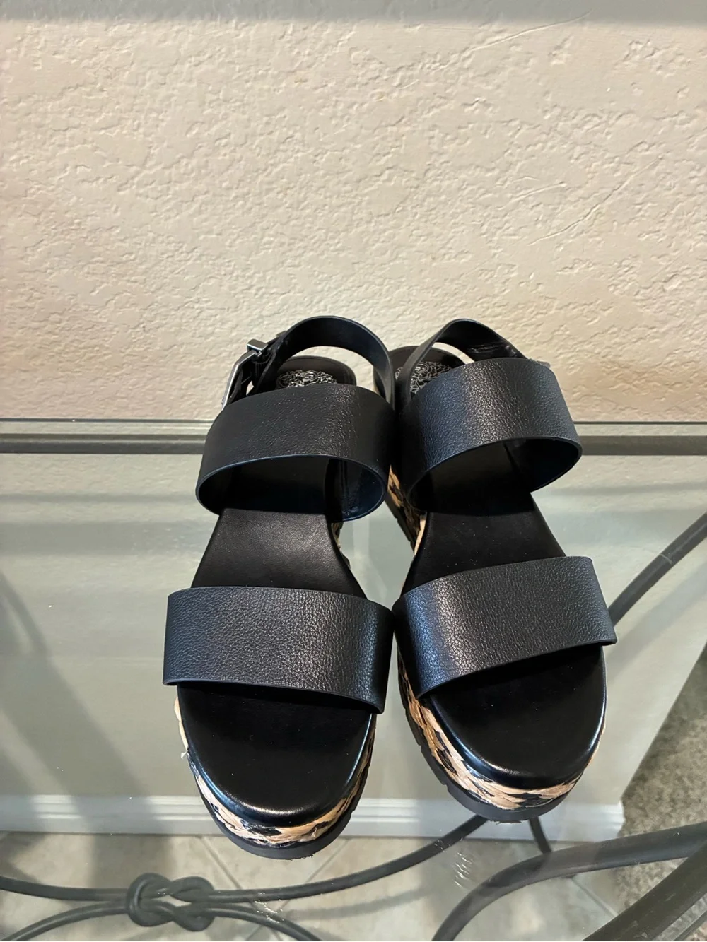 Vince Camuto Miapelle Black and Tan Woven Platform Sandals